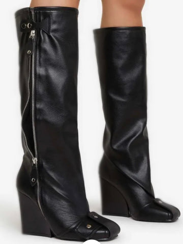 Black Zip-Up Wedge Boots